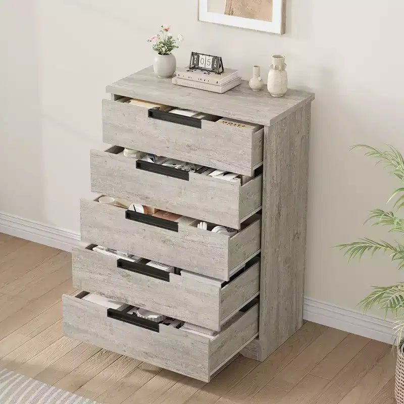Commode à 5 tiroirs pour chambre à coucher, commode avec poignées encastrées, meuble de rangement en bois pour salon, chambre d'enfant, couloir