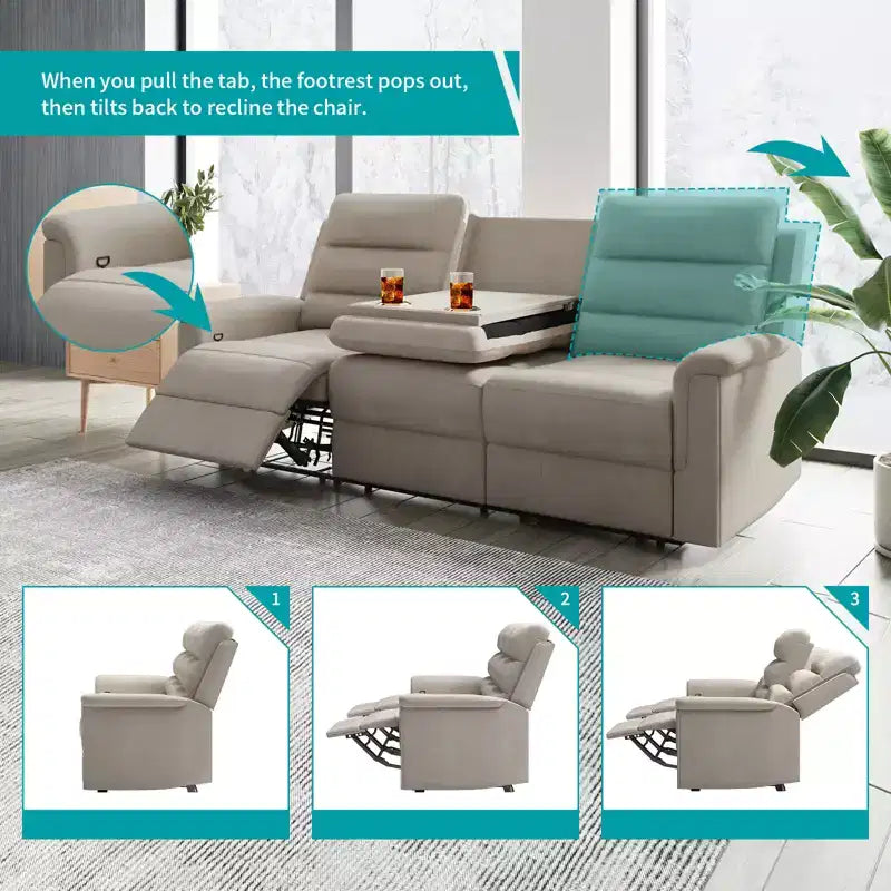 Mjkone Canapé Inclinable 3 Places, Canapé Réglable de Salon avec Dossier Central Rabattable, Fauteuil de Cinéma Maison