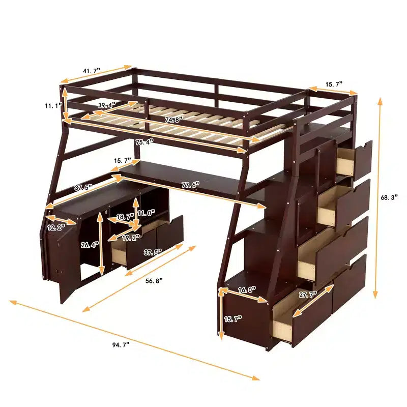 Lit mezzanine Whisen 94.7L x 56.8W design unique, taille double, avec 7 tiroirs, 2 étagères et un bureau, couchage confortable