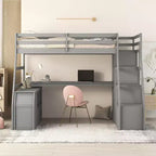 Lit mezzanine Whisen 94.7L x 56.8W design unique, taille double, avec 7 tiroirs, 2 étagères et un bureau, couchage confortable