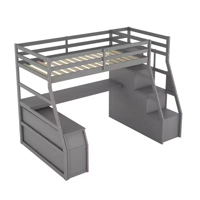 Lit mezzanine Whisen 94.7L x 56.8W design unique, taille double, avec 7 tiroirs, 2 étagères et un bureau, couchage confortable