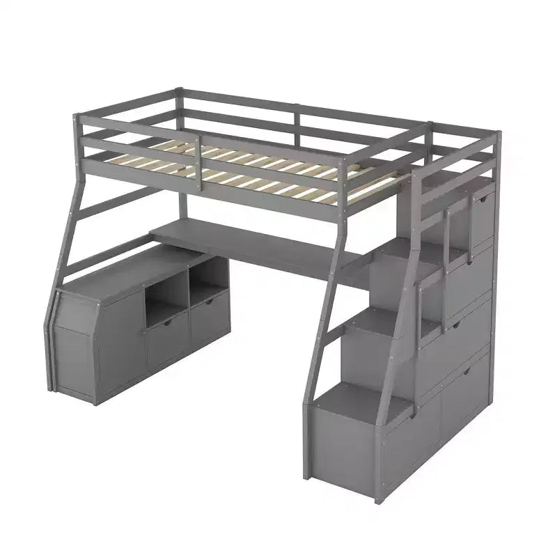 Lit mezzanine Whisen 94.7L x 56.8W design unique, taille double, avec 7 tiroirs, 2 étagères et un bureau, couchage confortable