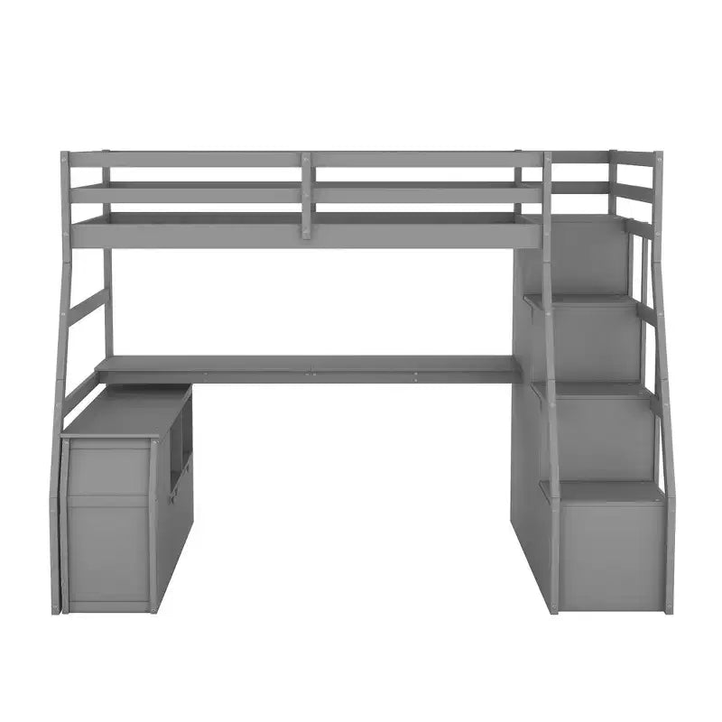 Lit mezzanine Whisen 94.7L x 56.8W design unique, taille double, avec 7 tiroirs, 2 étagères et un bureau, couchage confortable