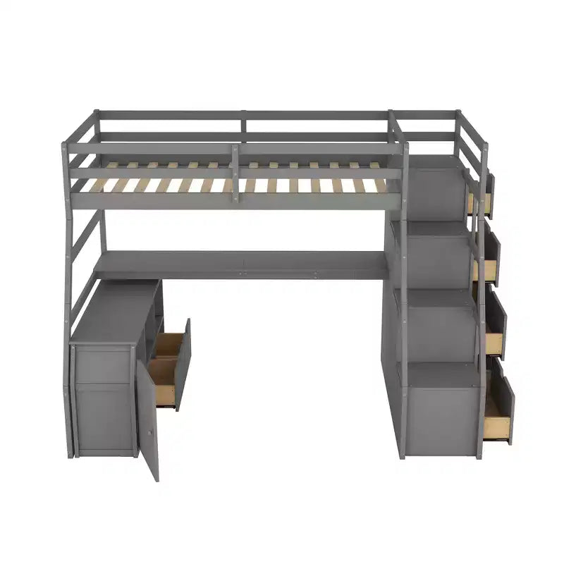 Lit mezzanine Whisen 94.7L x 56.8W design unique, taille double, avec 7 tiroirs, 2 étagères et un bureau, couchage confortable