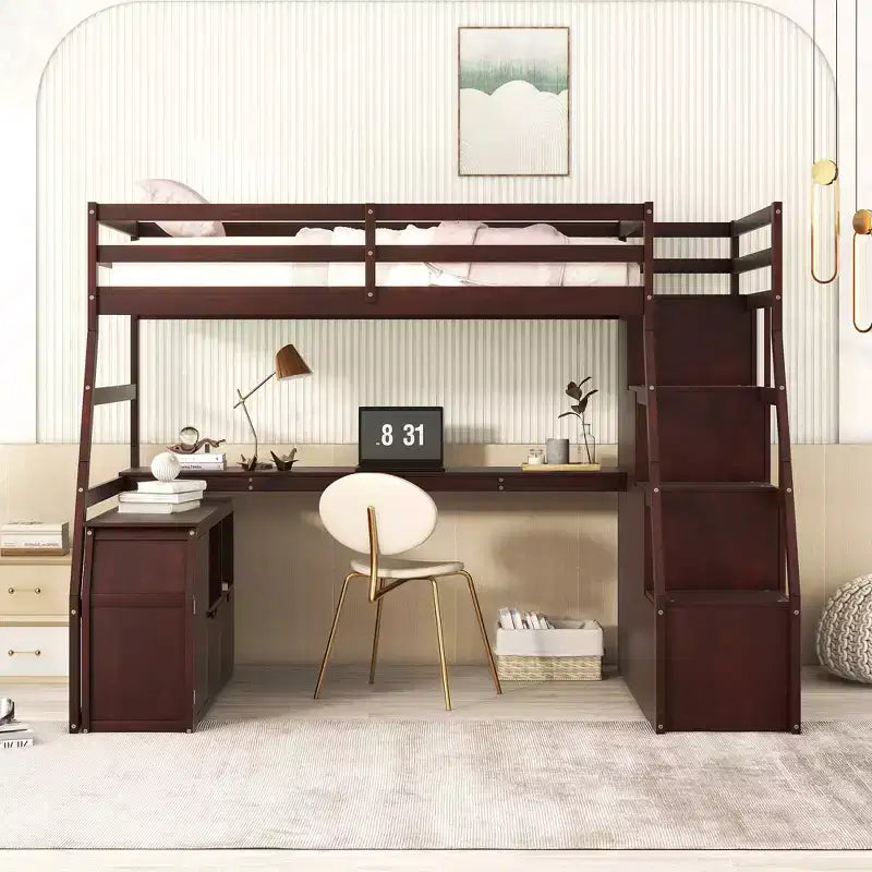 Lit mezzanine Whisen 94.7L x 56.8W design unique, taille double, avec 7 tiroirs, 2 étagères et un bureau, couchage confortable
