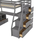Lit mezzanine Whisen 94.7L x 56.8W design unique, taille double, avec 7 tiroirs, 2 étagères et un bureau, couchage confortable