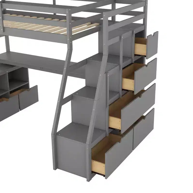 Lit mezzanine Whisen 94.7L x 56.8W design unique, taille double, avec 7 tiroirs, 2 étagères et un bureau, couchage confortable
