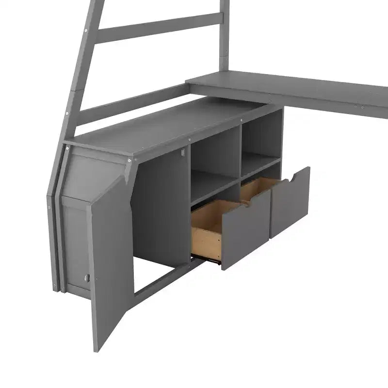 Lit mezzanine Whisen 94.7L x 56.8W design unique, taille double, avec 7 tiroirs, 2 étagères et un bureau, couchage confortable