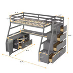 Lit mezzanine Whisen 94.7L x 56.8W design unique, taille double, avec 7 tiroirs, 2 étagères et un bureau, couchage confortable