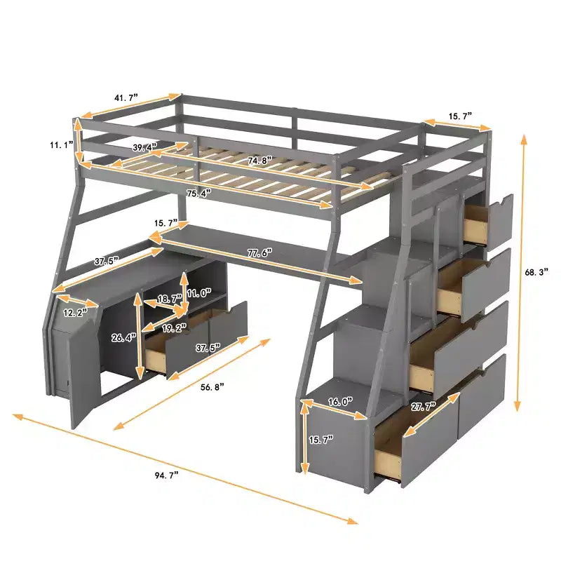Lit mezzanine Whisen 94.7L x 56.8W design unique, taille double, avec 7 tiroirs, 2 étagères et un bureau, couchage confortable