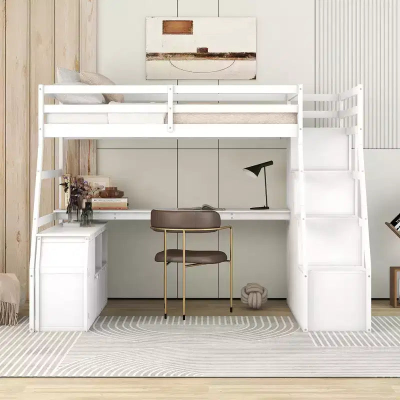 Lit mezzanine Whisen 94.7L x 56.8W design unique, taille double, avec 7 tiroirs, 2 étagères et un bureau, couchage confortable