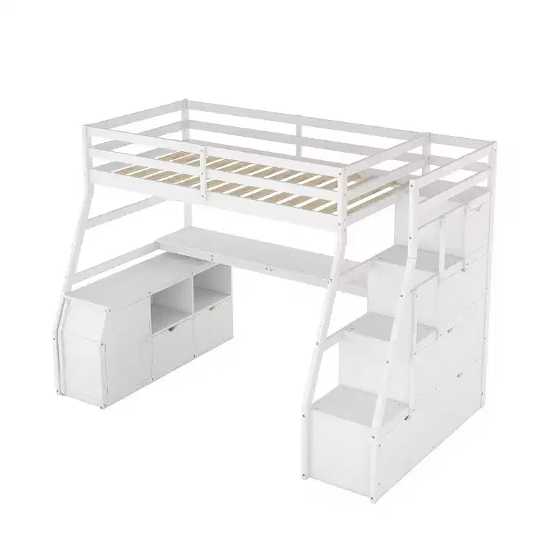Lit mezzanine Whisen 94.7L x 56.8W design unique, taille double, avec 7 tiroirs, 2 étagères et un bureau, couchage confortable
