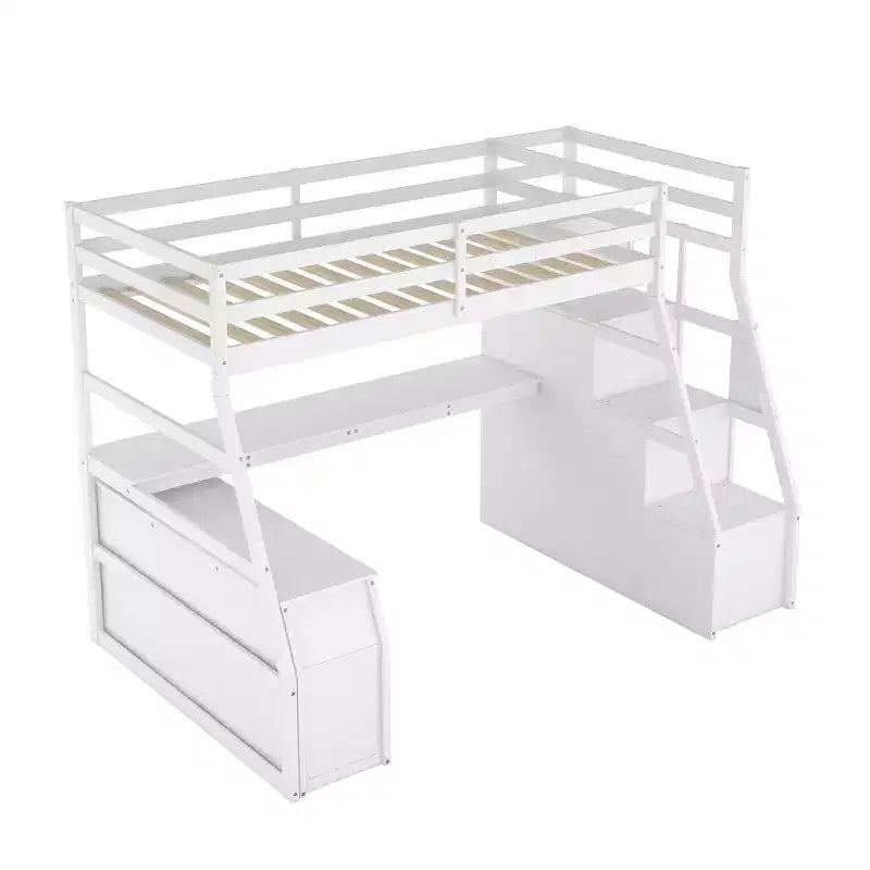 Lit mezzanine Whisen 94.7L x 56.8W design unique, taille double, avec 7 tiroirs, 2 étagères et un bureau, couchage confortable