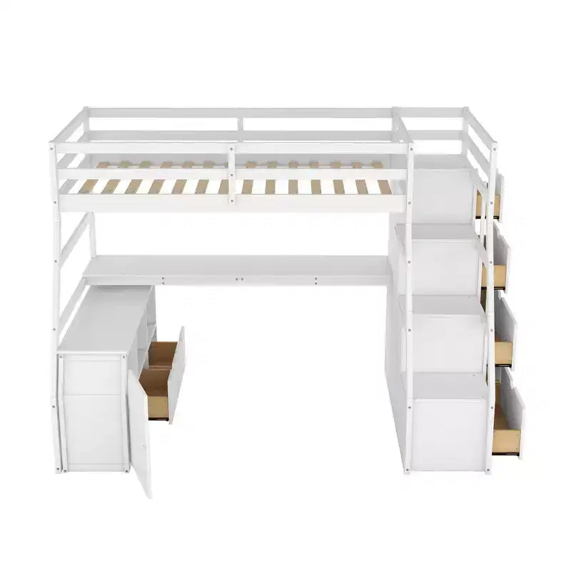 Lit mezzanine Whisen 94.7L x 56.8W design unique, taille double, avec 7 tiroirs, 2 étagères et un bureau, couchage confortable