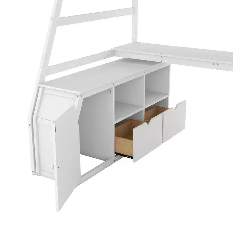 Lit mezzanine Whisen 94.7L x 56.8W design unique, taille double, avec 7 tiroirs, 2 étagères et un bureau, couchage confortable