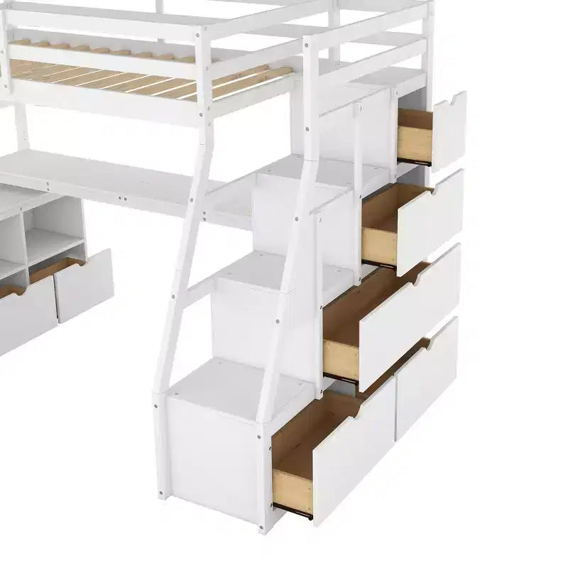Lit mezzanine Whisen 94.7L x 56.8W design unique, taille double, avec 7 tiroirs, 2 étagères et un bureau, couchage confortable