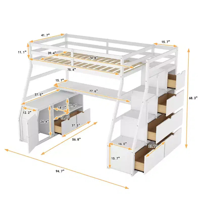 Lit mezzanine Whisen 94.7L x 56.8W design unique, taille double, avec 7 tiroirs, 2 étagères et un bureau, couchage confortable