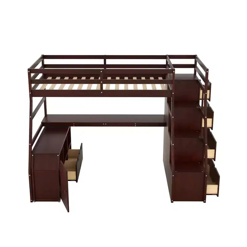 Lit mezzanine Whisen 94.7L x 56.8W design unique, taille double, avec 7 tiroirs, 2 étagères et un bureau, couchage confortable