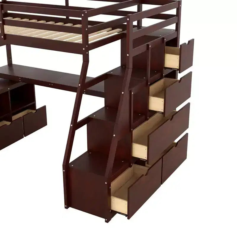 Lit mezzanine Whisen 94.7L x 56.8W design unique, taille double, avec 7 tiroirs, 2 étagères et un bureau, couchage confortable