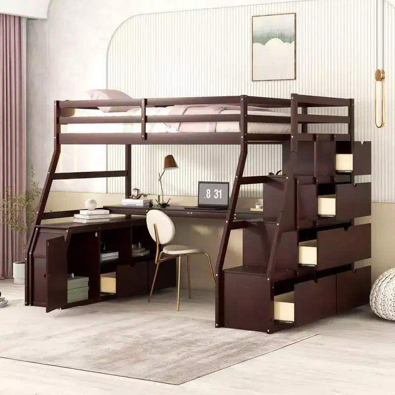 Whisen 94.7L x 56.8W Unique Design Twin Size Loft Bed with 7 Drawers, 2 Shelves and Desk, Comfortable Sleeping Area