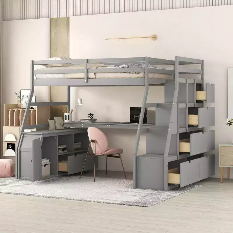 Lit mezzanine Whisen 94.7L x 56.8W design unique, taille double, avec 7 tiroirs, 2 étagères et un bureau, couchage confortable