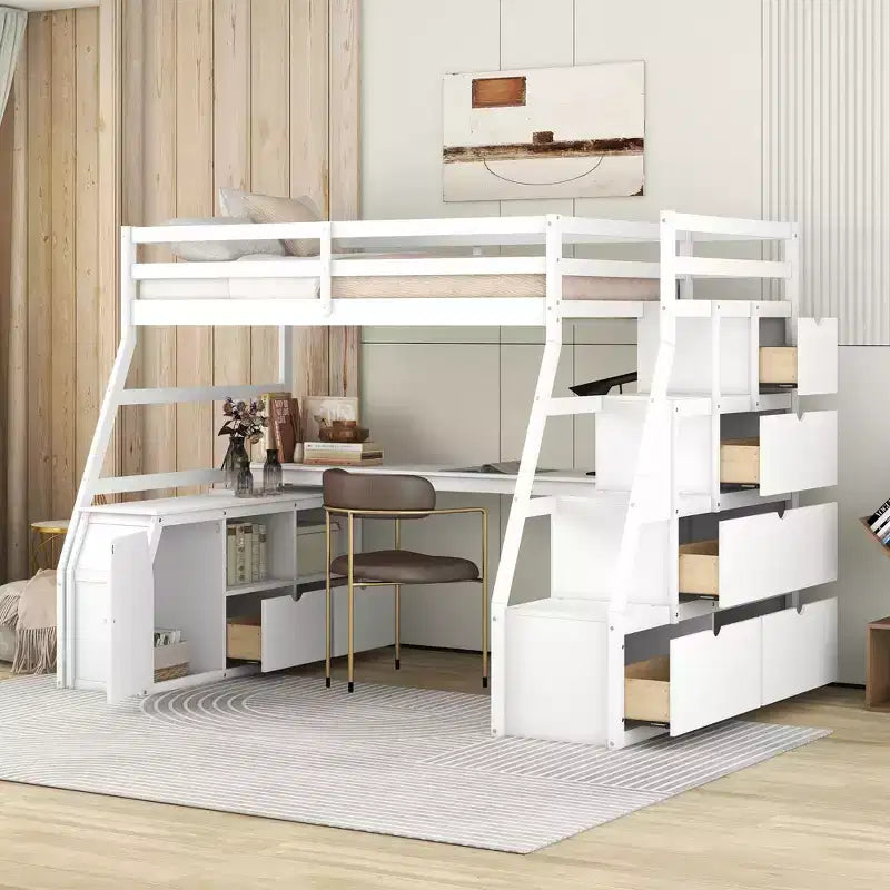 Lit mezzanine Whisen 94.7L x 56.8W design unique, taille double, avec 7 tiroirs, 2 étagères et un bureau, couchage confortable