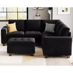 Canapé d'angle modulable Belffin en velours capitonné en forme de L avec pouf de rangement Canapé sectionnel avec méridiennes réversibles
