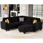 Canapé d'angle modulable Belffin en velours capitonné en forme de L avec pouf de rangement Canapé sectionnel avec méridiennes réversibles