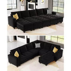 Canapé d'angle modulable Belffin en velours capitonné en forme de L avec pouf de rangement Canapé sectionnel avec méridiennes réversibles