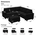 Canapé d'angle modulable Belffin en velours capitonné en forme de L avec pouf de rangement Canapé sectionnel avec méridiennes réversibles