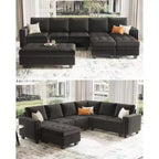Canapé d'angle modulable Belffin en velours capitonné en forme de L avec pouf de rangement Canapé sectionnel avec méridiennes réversibles