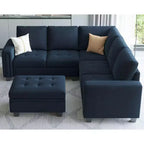 Canapé d'angle modulable Belffin en velours capitonné en forme de L avec pouf de rangement Canapé sectionnel avec méridiennes réversibles