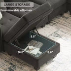 Canapé d'angle modulable Belffin en velours capitonné en forme de L avec pouf de rangement Canapé sectionnel avec méridiennes réversibles