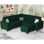Canapé d'angle modulable Belffin en velours capitonné en forme de L avec pouf de rangement Canapé sectionnel avec méridiennes réversibles