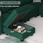 Canapé d'angle modulable Belffin en velours capitonné en forme de L avec pouf de rangement Canapé sectionnel avec méridiennes réversibles