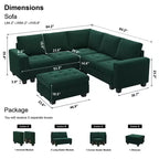 Canapé d'angle modulable Belffin en velours capitonné en forme de L avec pouf de rangement Canapé sectionnel avec méridiennes réversibles