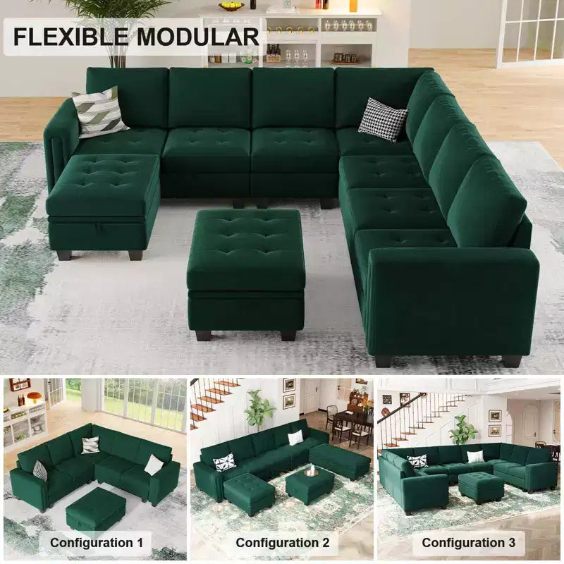 Canapé d'angle modulable Belffin en velours capitonné en forme de L avec pouf de rangement Canapé sectionnel avec méridiennes réversibles
