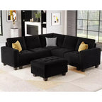 Canapé d'angle modulable Belffin en velours capitonné en forme de L avec pouf de rangement Canapé sectionnel avec méridiennes réversibles