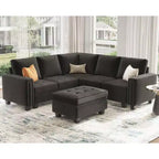 Canapé d'angle modulable Belffin en velours capitonné en forme de L avec pouf de rangement Canapé sectionnel avec méridiennes réversibles