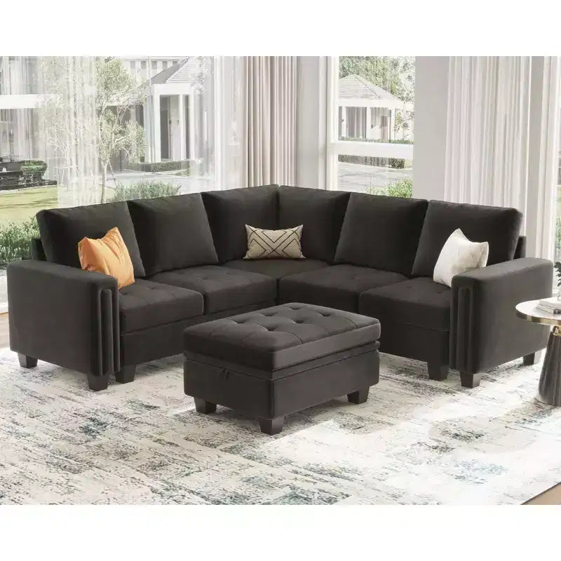 Canapé d'angle modulable Belffin en velours capitonné en forme de L avec pouf de rangement Canapé sectionnel avec méridiennes réversibles