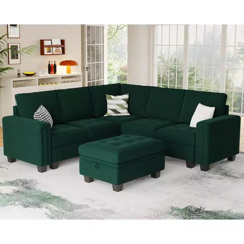 Canapé d'angle modulable Belffin en velours capitonné en forme de L avec pouf de rangement Canapé sectionnel avec méridiennes réversibles