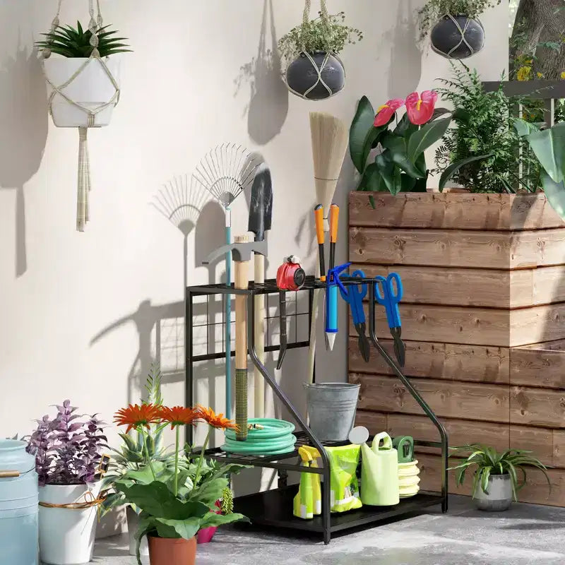 Outsunny Organisateur d'outils de jardin pour garage, étagère de rangement d'outils de jardin à 3 niveaux avec crochets
