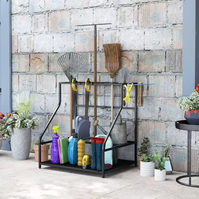 Outsunny Organisateur d'outils de jardin pour garage, étagère de rangement d'outils de jardin à 3 niveaux avec crochets
