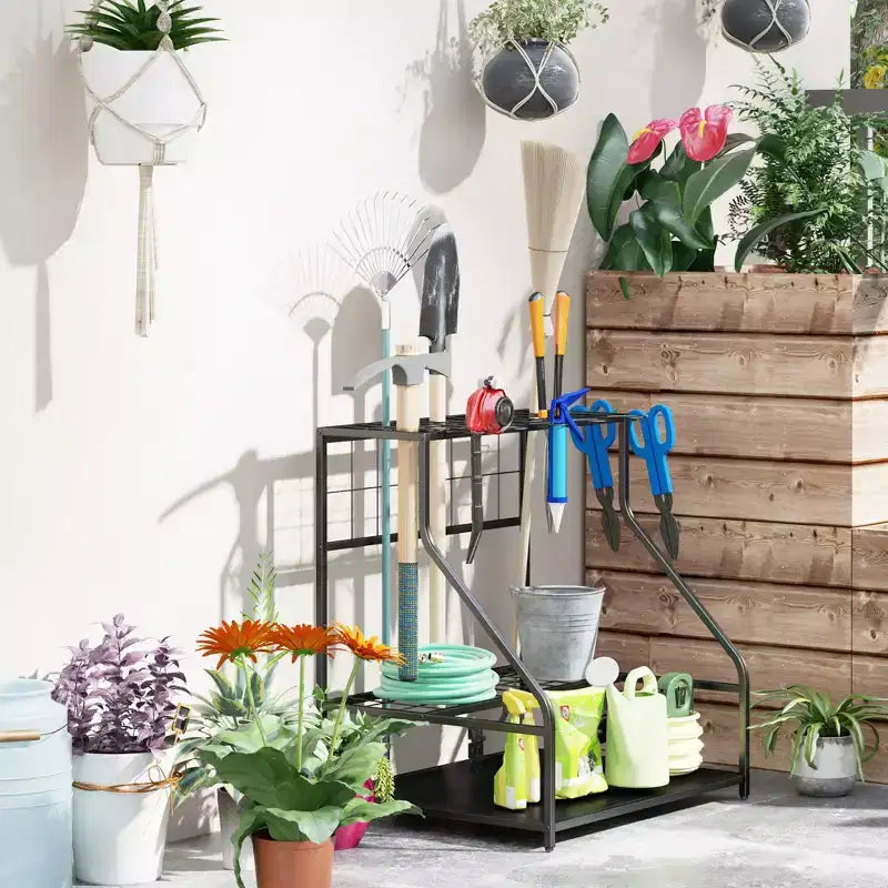Outsunny Organisateur d'outils de jardin pour garage, étagère de rangement d'outils de jardin à 3 niveaux avec crochets