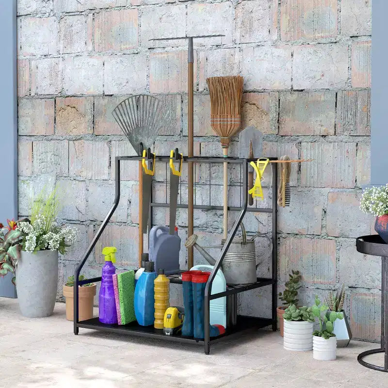 Outsunny Organisateur d'outils de jardin pour garage, étagère de rangement d'outils de jardin à 3 niveaux avec crochets
