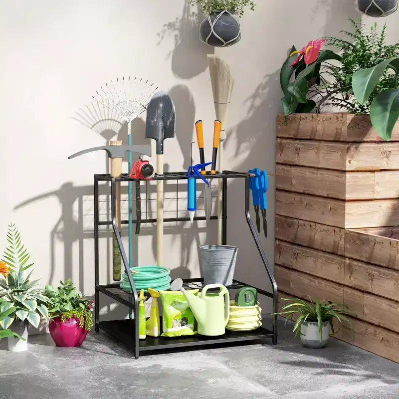 Outsunny Organisateur d'outils de jardin pour garage, étagère de rangement d'outils de jardin à 3 niveaux avec crochets
