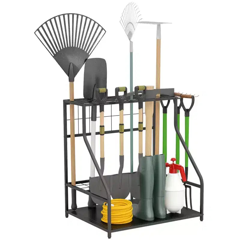 Outsunny Organisateur d'outils de jardin pour garage, étagère de rangement d'outils de jardin à 3 niveaux avec crochets