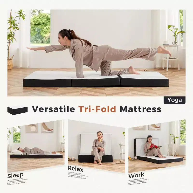 Matelas en mousse à mémoire de forme gel moyenne, pliable en trois, portable, 7,6 cm, JIONJOY | Blanc