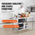 Table de préparation en acier inoxydable VEVOR, 76 x 122 x 86 cm, capacité de charge de 400 kg, plan de travail métallique robuste avec 3 niveaux de hauteur réglables