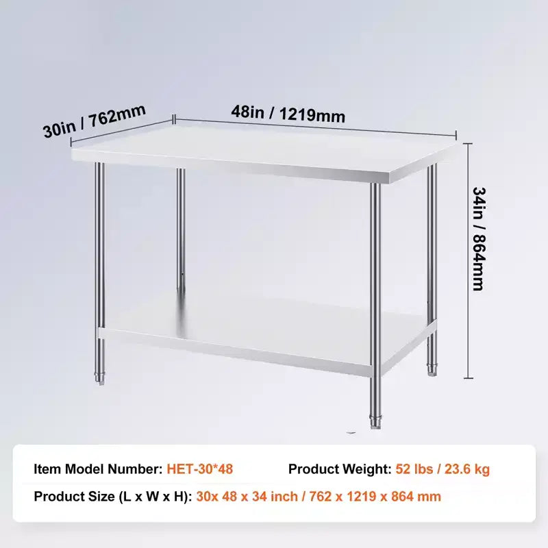 Table de préparation en acier inoxydable VEVOR, 76 x 122 x 86 cm, capacité de charge de 400 kg, plan de travail métallique robuste avec 3 niveaux de hauteur réglables